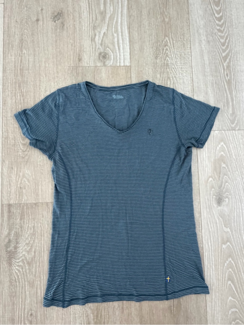 Fjallraven Women's Short Sleeve V-Neck Striped Tee in Slate Blue